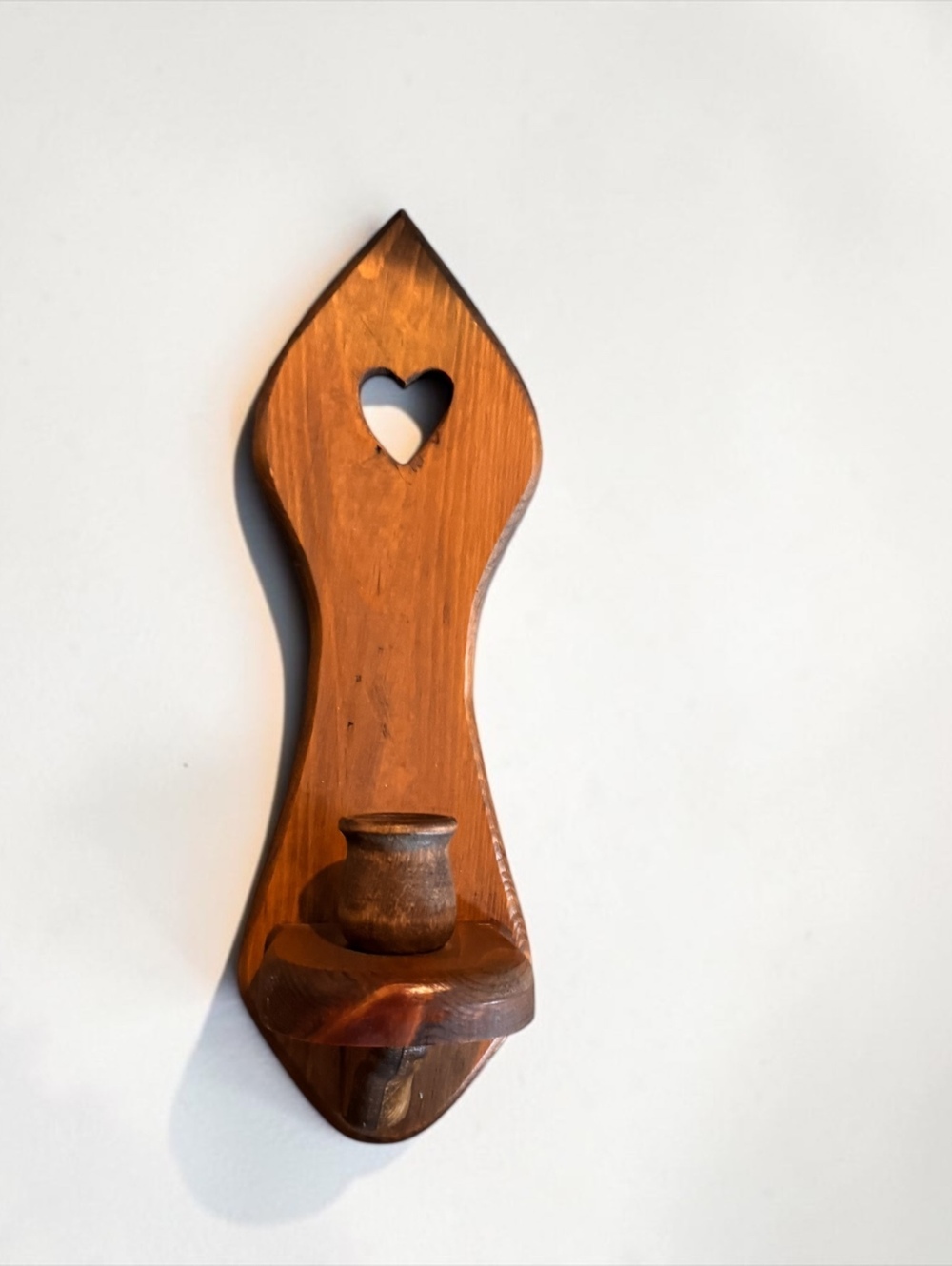Vintage Mid-Century Wooden Wall Candle Holder with Heart Cutout